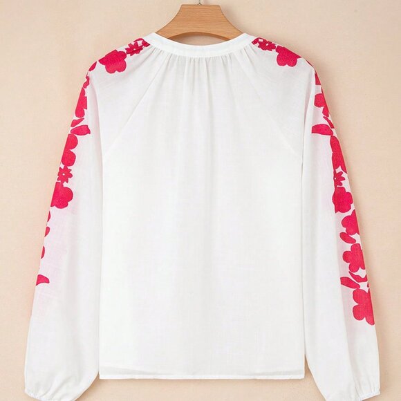 White Casual Women's Floral Embroidery Puff Sleeve Button-Up Shirt - Picture 4 of 8